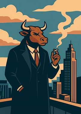 Bull in Suit Smoking Cigarette