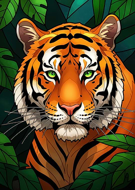 Tiger Portrait in Jungle Foliage