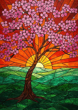 Stained Glass Cherry Blossom Landscape