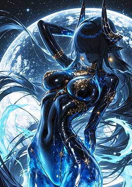 Celestial Horned Woman with Moon Backdrop