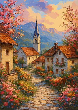 Idyllic Village Scene with Flowers