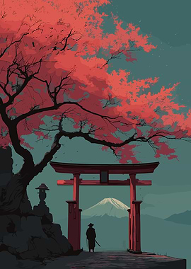 Japanese Landscape with Torii Gate and Samurai