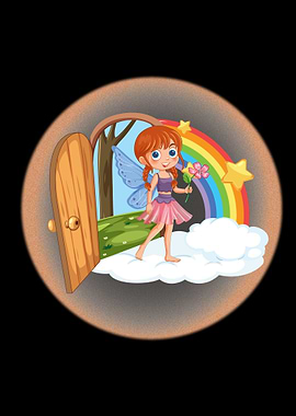 Cartoon Fairy with Rainbow and Door