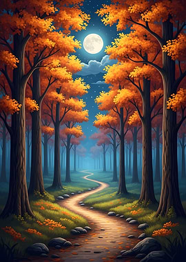 Autumn Forest Path Under Moonlight
