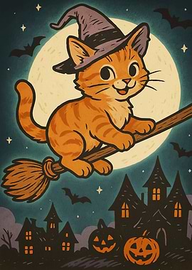 Halloween Cat Witch Broom