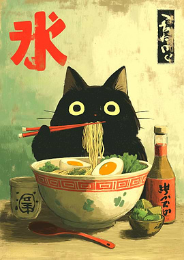 Black Cat Eating Ramen Illustration