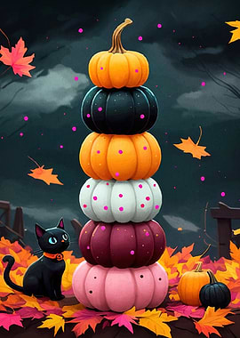 Halloween Pumpkins Stack Cat