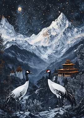 Cranes in Mountainous Landscape at Night
