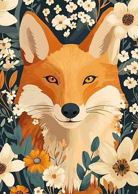 Fox Portrait with Floral Background