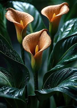 Three Copper Calla Lilies with Dew