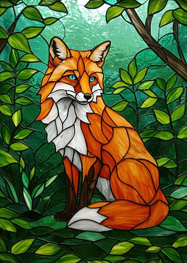 Stained Glass Fox in Forest
