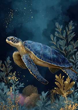 Sea Turtle in Deep Blue Ocean