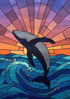 Stained Glass Whale Leaping from Ocean