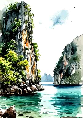 Watercolor Tropical Island Landscape Painting