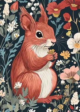 Squirrel in Floral Garden Illustration