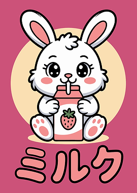 Kawaii Rabbit Drinking Strawberry Milk