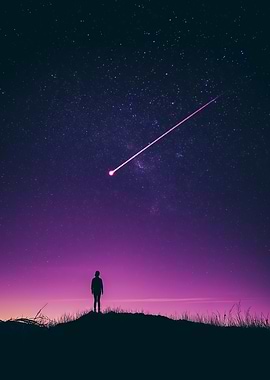 A Solitary Figure Gazing at a Comet Streaking Across the Star-Filled Night Sky
