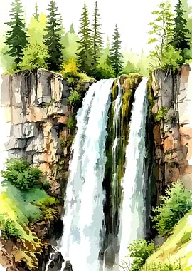 Watercolor Waterfall Landscape