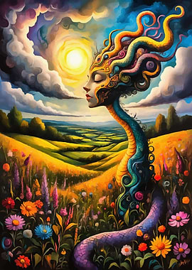 Serpentine Woman in Floral Landscape