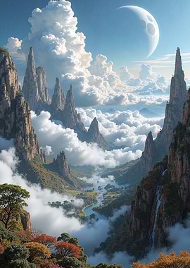 Fantasy Mountain Landscape with Moon