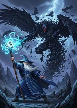 Wizard facing a raven monster
