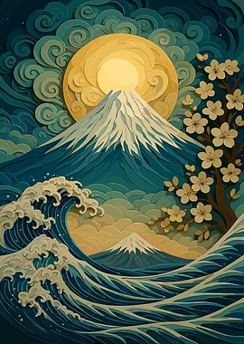 Mount Fuji and Waves Art