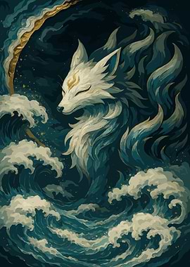 Mystical Fox in Ocean Waves