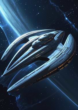 Sleek Blue Starship Above Planetary Rings