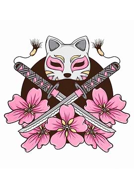 Kitsune Mask with Swords and Flowers