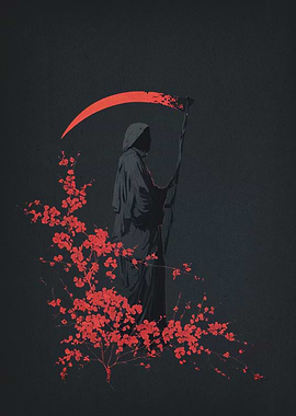 Grim Reaper with Red Scythe and Flowers