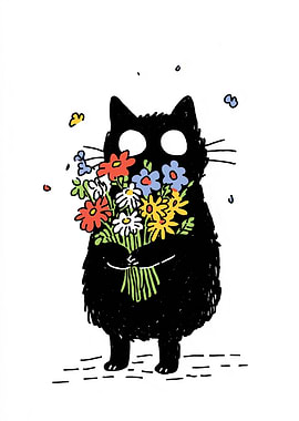 Black Cat with Flowers Illustration