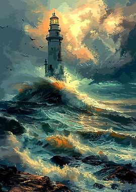 Lighthouse in Stormy Seas Painting