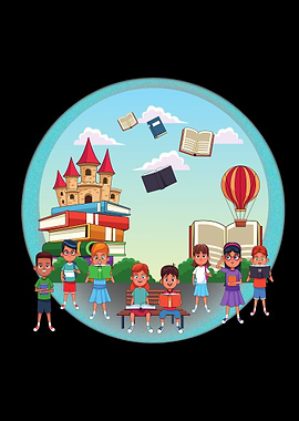 Children Reading Books in Fantasy Setting