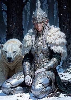 Winter Warden Elf and Her Majestic Bear in the Enchanted Snow Forest