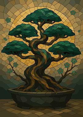 Bonsai Tree Stained Glass Style Art
