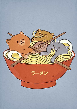 Cats in Ramen Bowl Illustration