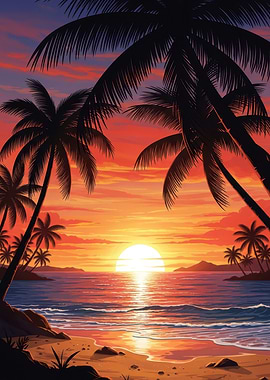 Tropical Beach Sunset with Palm Trees