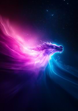 A cosmic dragon glowing with radiant colors flying in space