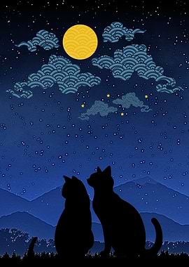 Cats under the moonlit sky