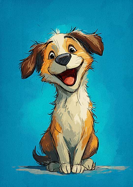 Cartoon Dog Portrait on Blue Background