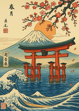 Japanese Landscape with Mount Fuji and Torii