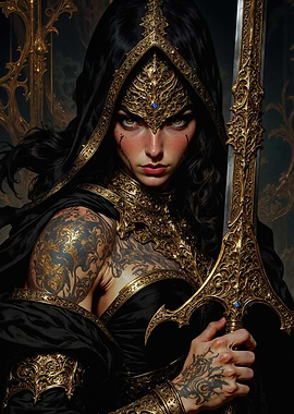 The Golden Blade Queen: Hooded Dark Fantasy Warrior with Ancient Tattoos