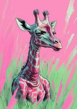Neon Pink & Mint Giraffe — Surreal Illustrated Wildlife Portrait