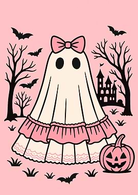 Cute Ghost with Bow and Pumpkin