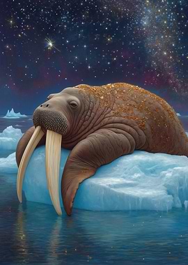 Walrus on Ice Under Starry Sky