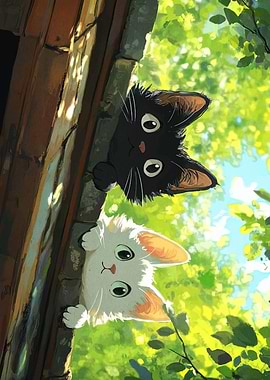 Two Curious Cats Peeking Over Wall