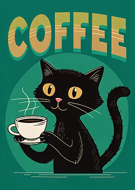 Cute Black Cat drink Coffee