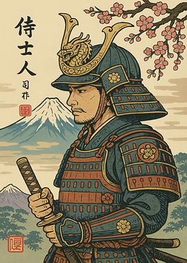 Samurai Warrior with Mount Fuji