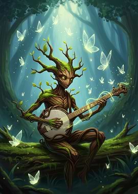 Tree Person Playing Banjo in Forest