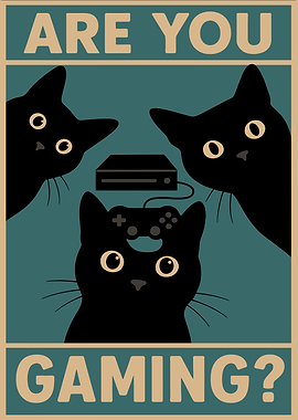 Are You Gaming? Funny Cat Gamer Wall Art | Retro Vintage Black Cat Poster for Gaming Room Decor
